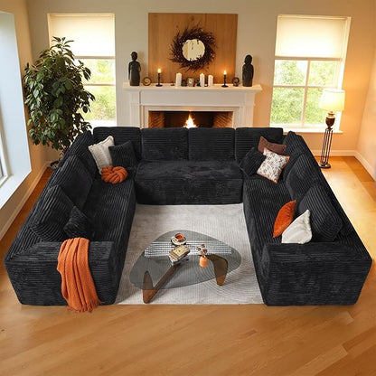 135'' Boneless Sectional Couch, Oversized U Shaped Modular Cloud Couches, Plush Corduroy Memory Foam Deep Seat Floor Sofa for Living Room, No Assembly Required, Black