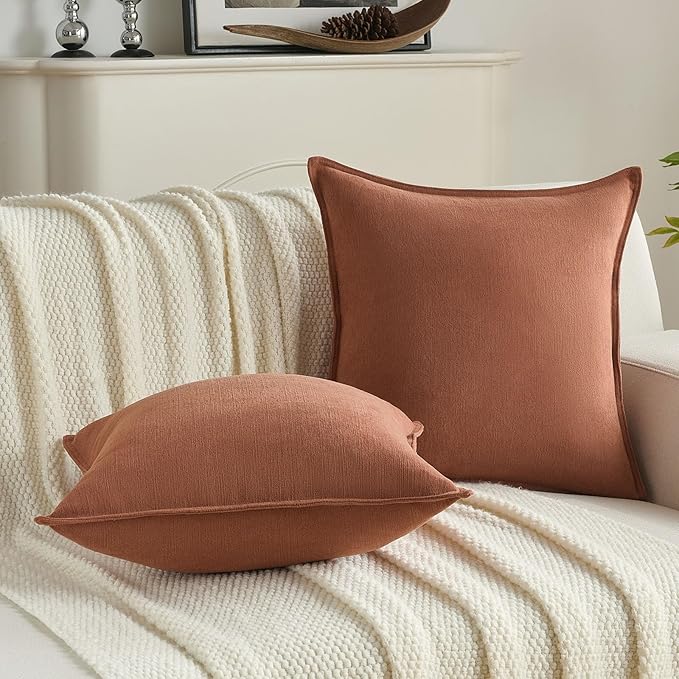 FUTEI Rust Chenille Throw Pillow Covers 20x20 Inch Set of 2,Edges Double-Stitched Cushion Cases,Modern Home Decor for Couch Living Room
