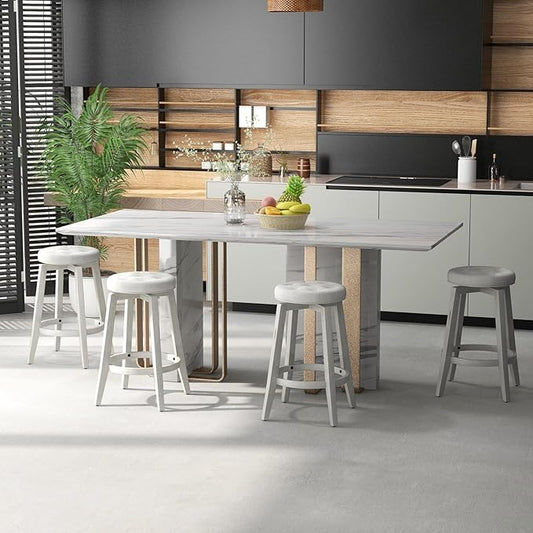 COSTWAY 360° Swivel Bar Stools Set of 4, 30-inch Height Vintage Upholstered Rubberwood Backless Bar Chairs with Footrest, Retro Kitchen Counter Stools for Kitchen Island Dining Room Home Bar, White