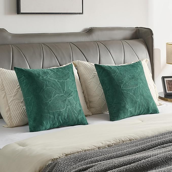 FUTEI Christmas Dark Green Velvet Throw Pillow Covers 12x20 Inch Set of 2,Soft Embossed Leaf-Relief Textured Lumbar Pillow Cases,Natural Home Decor for Couch Living Room