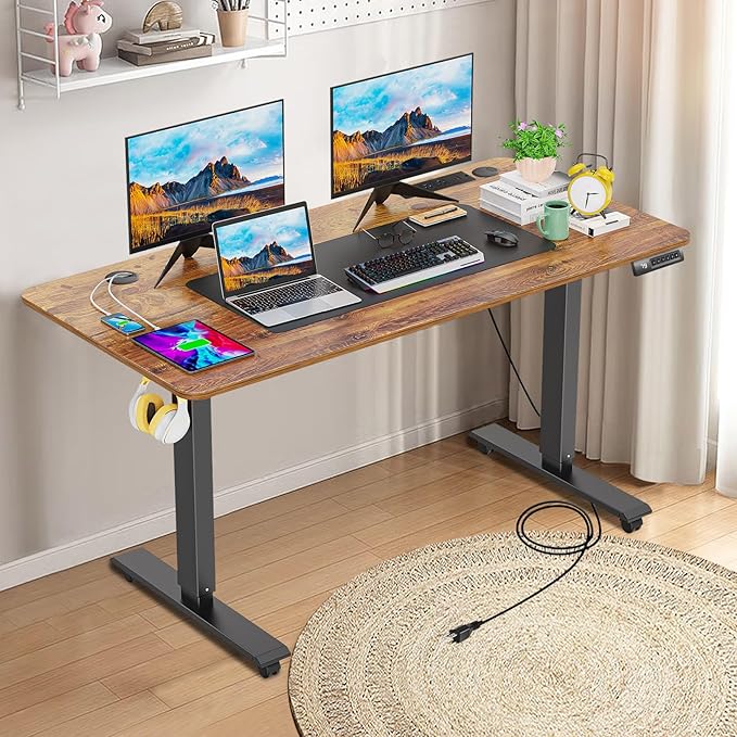 farexon Electric Standing Desk 55 x 24In with Charging Station, Stand up Desk with Oversized Mouse Pad, 2 USB Ports & 3 Power Outlets, 4 Caster, 4 Preset Heights Easy to Set（Brown）