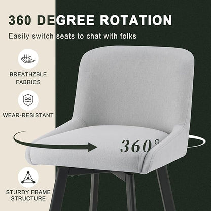 Swivel Bar Stools Set of 6, 26''H Upholstered Barstools with Backs, Modern Counter Height Bar Stool Chairs for Kitchen Island, Metal Legs, Fabric, Light Gray Counter Stools