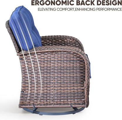 6-Piece Rotating Balcony Chair Set with 31-inch T-Shaped Wide backrest - Rattan Outdoor Rotating Balcony Chairs, Wide backrest Comfortable Outdoor Sliding Chair - Brown | Blue