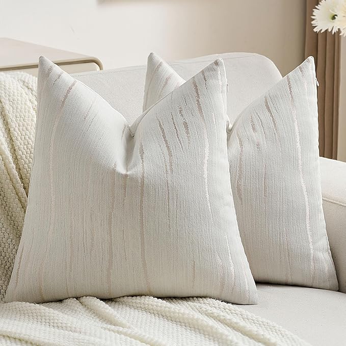 FUTEI Cream Chenille Decorative Throw Pillow Covers 26x26 Inch Set of 2,Soft Embossed Striped Textured Euro Pillow Shams,Modern Home Decor for Couch Bed Living Room