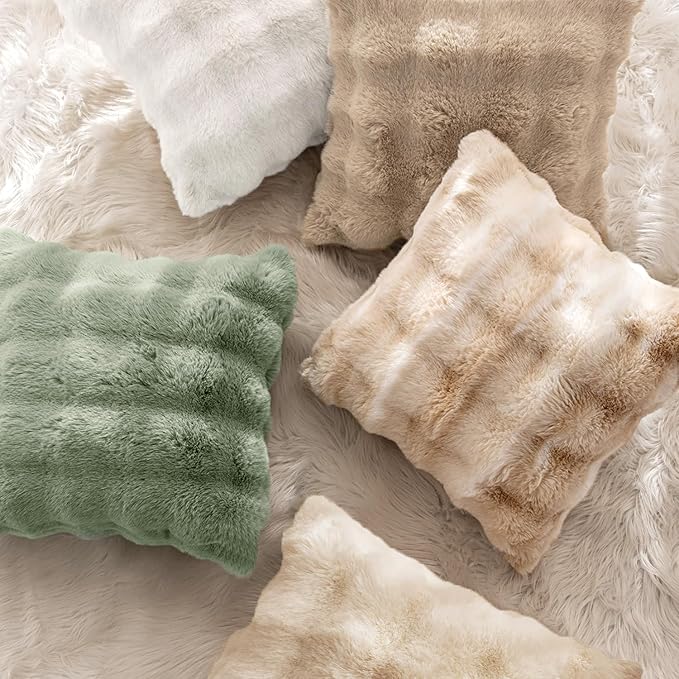 MIULEE Faux Fur Pillow Covers Thick Soft Plush Throw Pillows Luxury Home Decor for Couch Bed Bedroom Living Room Sofa,18x18 Inch Pack of 2 White-Beige