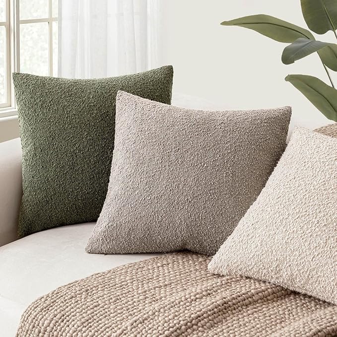 Foindtower Pack of 2 Textured Boucle Throw Pillow Covers Accent Solid Pillow Cases Cozy Soft Decorative Couch Cushion Case for Chair Sofa Bedroom Living Room Home Decor 18x18 Inch Light Taupe