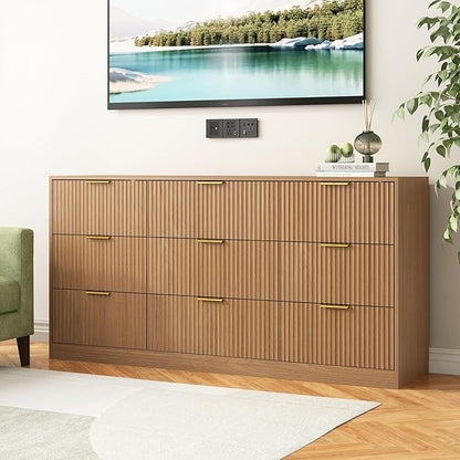 9 Drawer Dresser for Bedroom with Deep Drawers, 63" Wide Wood Dresser, Large Floor Chest of Drawers, Modern Long TV Stand, Mid Century Storage Cabinet Side Table, Natural