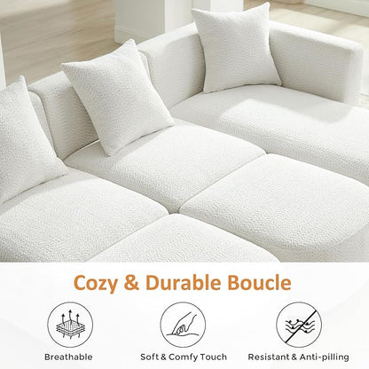 VANOMi 109.84" Modular Sectional Sofa with 3 Pillows, Convertible 5-Seater Comfy Boucle Cloud Couch with Ottoman, Modern Sectional Sofas for Living Room, Office, Apartment (White)