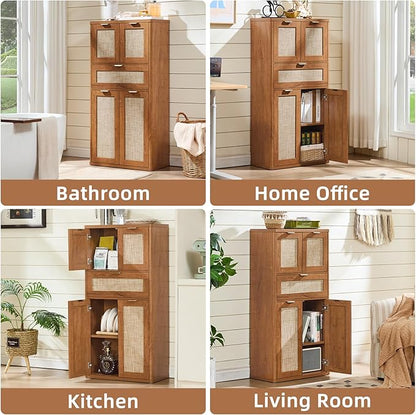LEYAOYAO 48" Tall Storage Cabinet,Rattan Bathroom Floor Cabinets with 4 Doors & 1Drawer,Boho Kitchen Pantry with Adjustable Shelves,Wooden Cupboard for Living Room,Home Office,Dining,Brown
