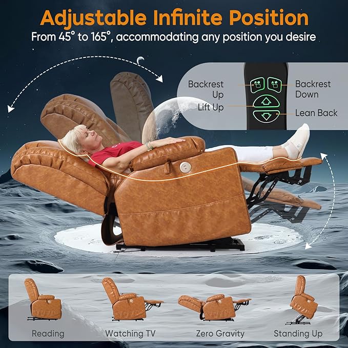ABCASA Oversized Zero Gravity Power Lift Recliner Chair, 24.8''Wide Dual Motor Recliner for Elderly, Heat & Massage, USB & Type-C Ports, Cup Holders, Extended Footrest, PU Leather, Orange Brown
