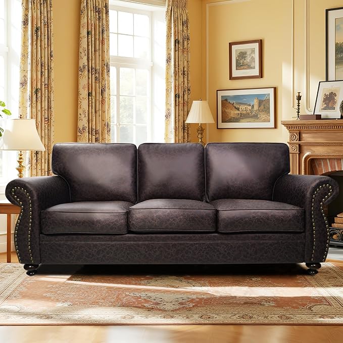 Mid-Century Vintage Sofa Couches with Rivet Design,3-Seater Sofa,Removable Sofa Cover Upholstered Cushions and Solid Wood Frame (Brown, 3-Seater)