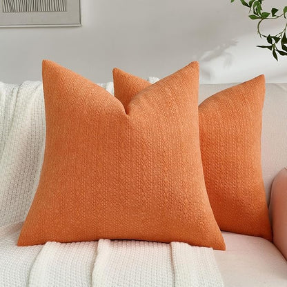 FUTEI Orange Chenille Throw Pillow Covers 20x20 Inch Set of 2,Soft Striped & Diamond Textured Cushion Cases,Modern Home Decor for Couch Living Room