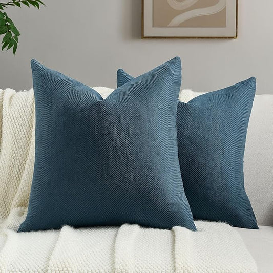 FUTEI Navy Blue Chenille Throw Pillow Covers 18x18 Inch Set of 2,Soft Wide Chevron Textured Cushion Case,Farmhouse Home Decor for Couch Bed Living Room