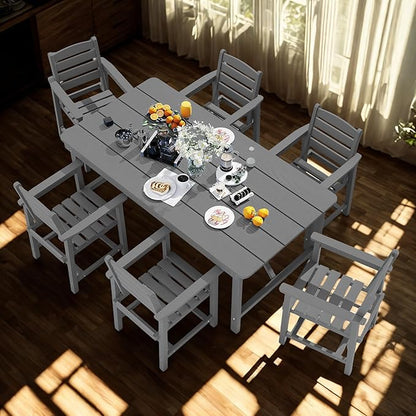 7 Piece Patio Dining Set with 11ft Patio Umbrella (Royal Blue), 7 Gray Outdoor HDPE Dining Set with 6 Chairs + 1 Large Table, for Market, Pool, Garden, Backyard, Deck