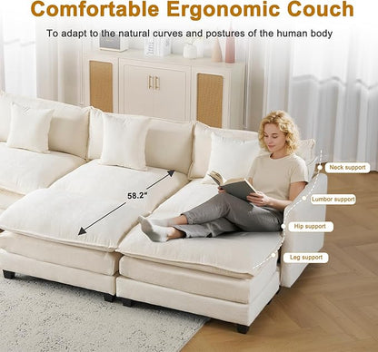 146" Cloud Chenille Sectional Couch 4+2 with Ottomans｜Large Modular Sofa for Spacious Living Rooms｜FSC Solid Wood Frame｜29.1" Deep Seat｜Easy Assembly & 1YR Guarantee