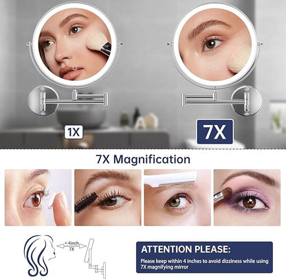 Hasipu 10-Inch Wall Mounted Makeup Mirror with Magnification, Rechargeable 3000 mAh Vanity Mirror with Lights, Bathroom Mirror with Dimmable Brightness, 3 Lighting Modes, Extendable Arm, Chrome