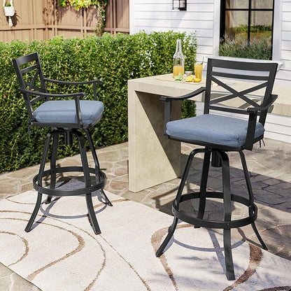 Pellebant 30" Sunbrella Outdoor Bar Stools Set of 2, Aluminum Swivel Patio Bar Height Bar Stools with Back & Footrest, for Deck Lawn Garden(Spectrum Denim)