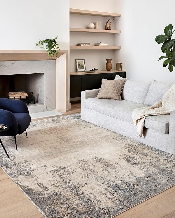 Loloi Teagan Collection TEA-08 Ivory/Mist 5'-3" x 7'-6" Area Rug, Large, Soft Neutral Rug, High-Traffic for Living Room, Bedroom, Home Office, Dining Area