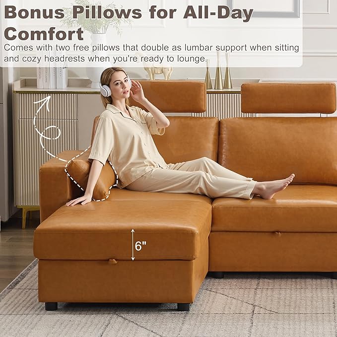 126.8" Modular Sectional Storage Sofa, Oversized Faux Leather U Shaped Couch with 2 Ottoman, Cloud Couch with Headrest & Side Pockets, Sectional Sofas for Living Room Apartment Small Spaces, Brown
