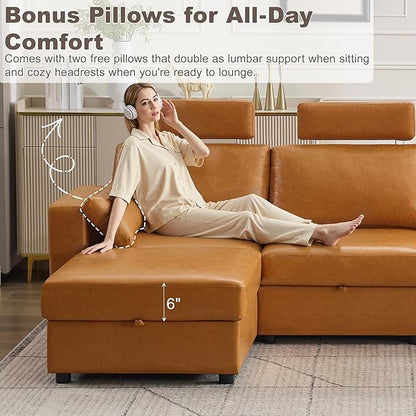 98.2" Modular Sectional Storage Couch, Oversized Faux Leather L Shaped Couch, Modern Cloud Upholstered Sofa with Headrest & Side Pocket, Sectional Sofa for Living Room Apartment Small Spaces, Brown