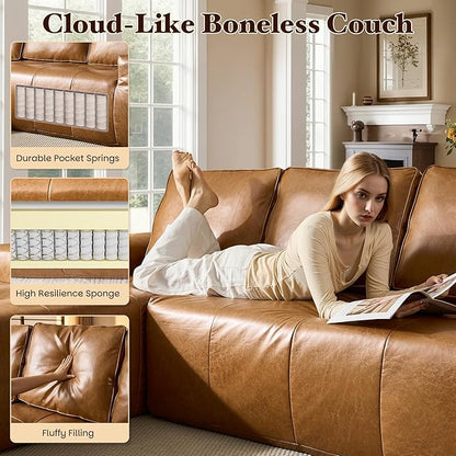 114" Boneless Couches for Living Room, Brown Faux Leather Cloud Sectional Couches with Chaise, Deep Seat L Shaped Modular Sofa, No Assembly Required Sofas in a Box (Left,Faux Leather,Brown)
