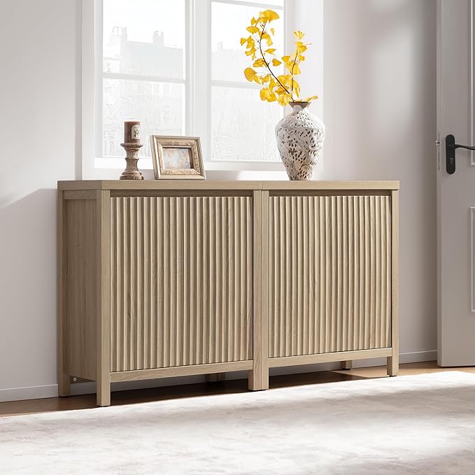 SICOTAS Sideboard Buffet Cabinet with Storage, Fluted Credenza Console Cabinet with Adjustable Shelves, Farmhouse Coffee Bar Storage Cabinets for Kitchen, Living Room, Entryway, Light Oak