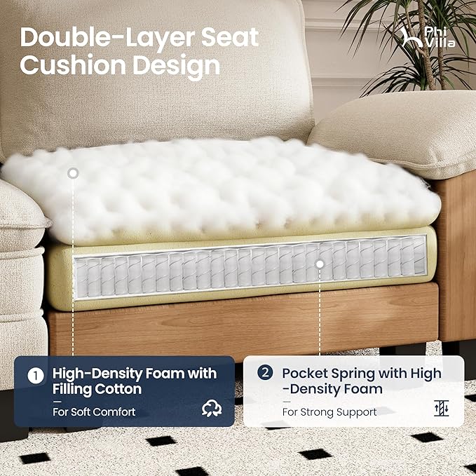 PHI VILLA Indoor Modular Couches Sets, 87.5" Sectional Loveseat Sofa with Upholstered Deep Seat, 2-Seater Comfy Couches for Living Room Bedroom, Chenille Fabric, Beige