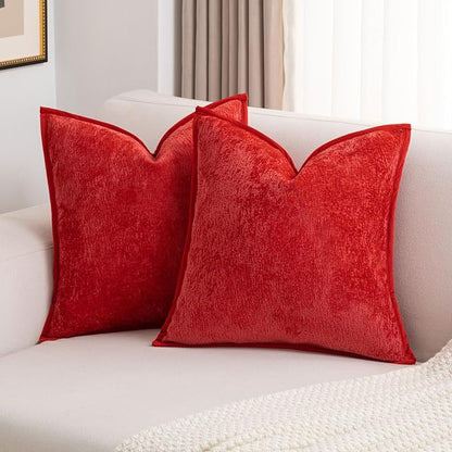 FUTEI Christmas Red Chenille Throw Pillow Covers 18x18 Inch Set of 2,Soft Cozy Bound Edge Design Cushion Case,Home Decor for Couch Bed Living Room