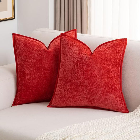 FUTEI Christmas Red Chenille Throw Pillow Covers 24x24 Inch Set of 2,Soft Cozy Bound Edge Design European Cushion Cover,Home Decor for Couch Bed Living Room