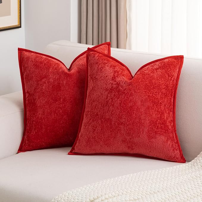 FUTEI Christmas Red Chenille Throw Pillow Covers 22x22 Inch Set of 2,Soft Cozy Bound Edge Design Cushion Case,Home Decor for Couch Bed Living Room