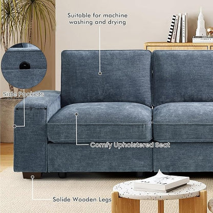 TEKAMON 100" Modular Sectional Sofa with Seats Storage, L Shaped Couch with Movable Ottoman, Chenille Fabric Couch for Living Room, Office, Apart W/Deep Seat, USB Charging,Removable Cover (Blue)