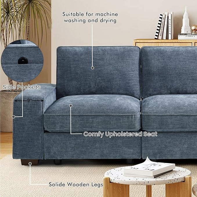 TEKAMON 73" Modular Sofa Couch with Seat Storage, Comfy 2-Seater Chenille Fabric Loveseat Sofa for Living Room, Office, Apartment W/Deep Seat, Wide Armrest,Pockets, USB Charging Removable Cover(Blue)