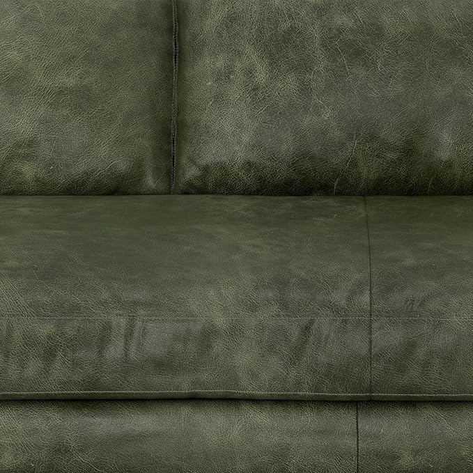SIMPLIHOME Morrison 89-inch Wide Sofa in Moss Green Genuine Leather, Mid-Century Modern Design Couch for Living Room, Single Bench Cushion, 2 Back Cushions, 2 Bolster Pillows
