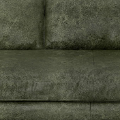 SIMPLIHOME Morrison 89-inch Wide Sofa in Moss Green Genuine Leather, Mid-Century Modern Design Couch for Living Room, Single Bench Cushion, 2 Back Cushions, 2 Bolster Pillows
