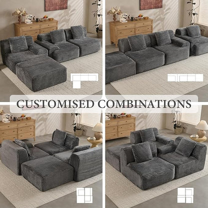 VK·LIVING 113" Cloud Sectional Couch, 61.6" Deep Seat Boneless Modular Sofa with Wide Armrests, Plush Corduroy Memory Foam Couch for Living Room, No Assembly, Dark Gray