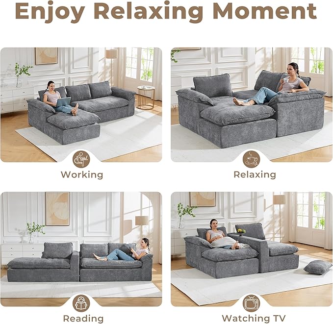 Modular Sectional Sofa, 107.5" L-Shaped Boneless Couch with Deep Seat, Modern Minimalist Upholstered Cloud Sectional Couch for Living Room Bedroom, No Assembly Required, Dark Gray Chenille