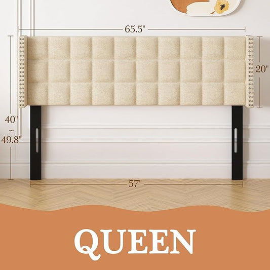 VECELO Headboard Queen Size, Linen Upholstered Headboards Only with Nailhead Trim Wingback, Square Stitched Design, Adjustable Height from 40" to 49.8", Oatmeal