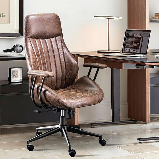 ovios Home Office Ergonomic Chair, Mid-Century Modern Luxury Faux Suede Leather Chairs, Comfy High Back Computer Swivel Rolling Task Armchair for Executive, Dark Brown
