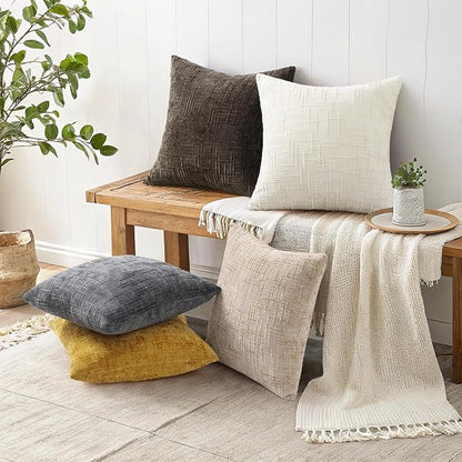decorUhome Christmas Cream White Chenille Throw Pillow Covers 18x18 Set of 2 Thick Textured Slubby Couch Pillow Covers Farmhouse Accent Modern Neutral Decorative Pillow Cases for Bed Sofa Living Room