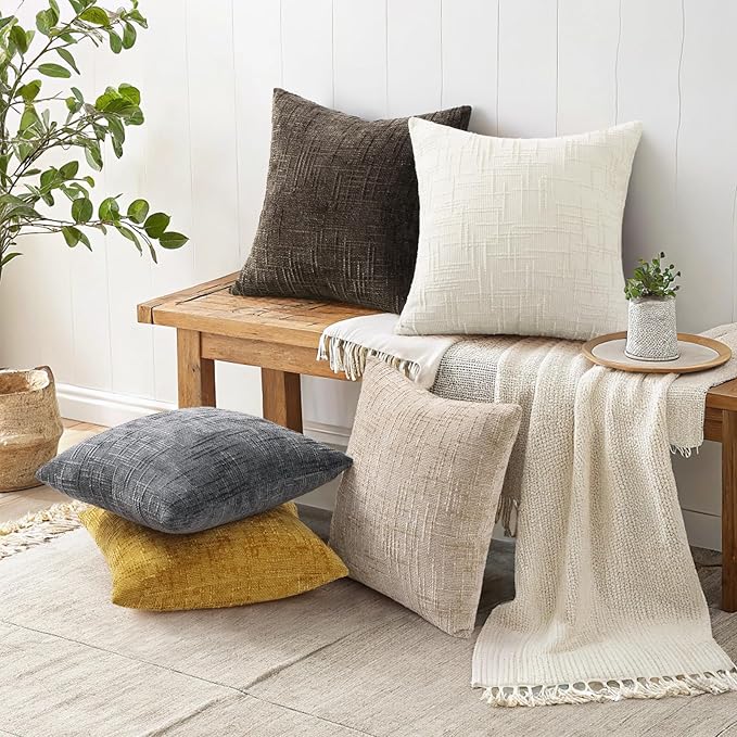 decorUhome Dark Brown Chenille Throw Pillow Covers 18x18 Set of 2 Thick Textured Slubby Couch Pillow Covers Farmhouse Accent Modern Neutral Decorative Pillow Cases for Bed Sofa Living Room