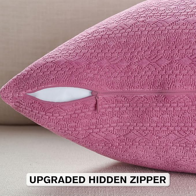 FUTEI Hot Pink Chenille Throw Pillow Covers 12x20 Inch Set of 2,Soft Striped & Diamond Textured Lumbar Pillow Cases,Modern Home Decor for Couch Living Room