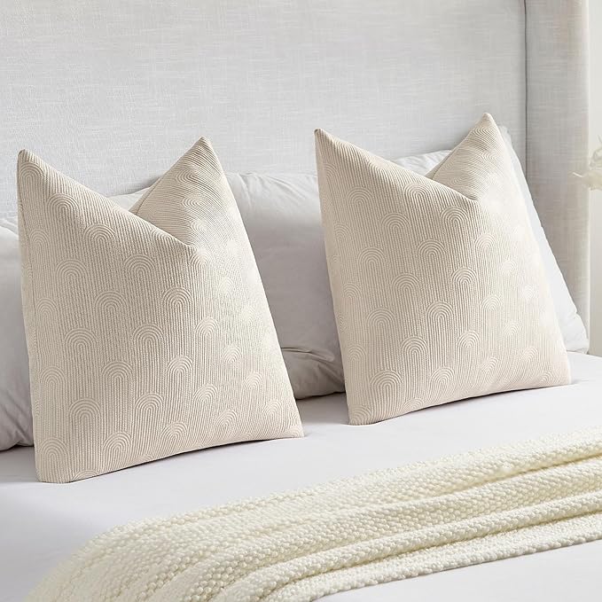 FUTEI Beige Chenille Decorative Throw Pillow Covers 26x26 Inch Set of 2,Soft Cozy Striped Geometric Patterns Euro Pillow Sham,Modern Home Decor for Couch Bed Living Room