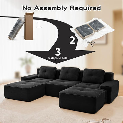 115.3” Black Boneless Couches for Living Room, Modular Sectional Sofa with U-Shape Chaise, 3 Seater Comfy Upholstered Deep Seat Corduroy Fabric Cloud Couch No Assembly, Anti-Slip Design