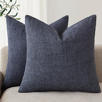 Foindtower Set of 2 Decorative Linen Check Throw Pillow Covers Neutral Farmhouse Vintage Cushion Covers Modern Boho Home Decor for Sofa Chair Couch Bedroom Living Room,18×18 Inch,Navy Blue
