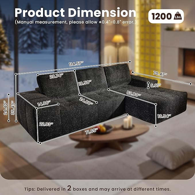114" Glitter Cloud Sectional Couch with L-Shape Chaise, Modern Boneless Couches for Living Room, Fluffy Tufted Deep Seat Modular Sofa in a Box No Assembly