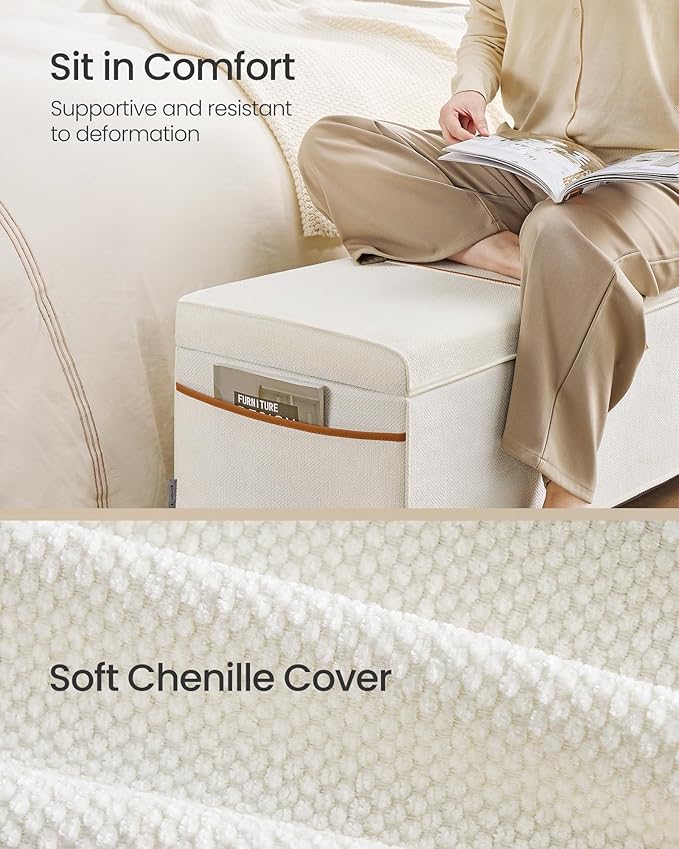 SONGMICS Storage Ottoman Bench, Storage Chest, 15.7 x 43.3 x 15.7 Inches, End of Bed Bench, 27 Gal. (103 L), for Bedroom, Entryway, Living Room, Cream White ULSF533W01