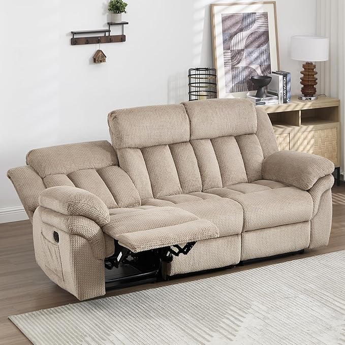 CANMOV Recliner Sofa Set, Manual Reclining Sofa with Overstuffed Armrest for Living Room,Bedroom Furniture,Office,3 Seat Light Brown