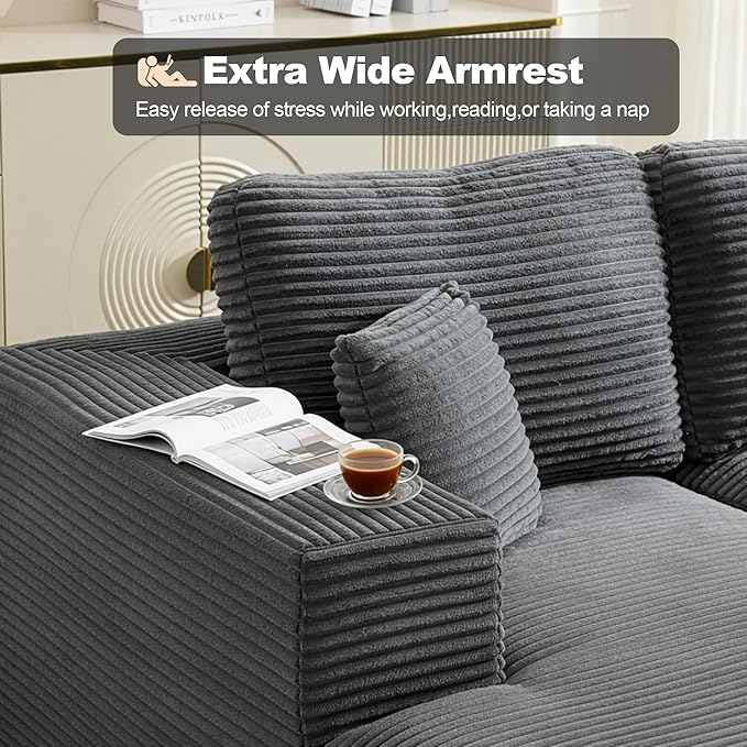 Modular Sectional Cloud Couch for Living Room,Modern Boneless Couche Set with Plush Corduroy,Comfy Floor Sofa with Memory Foam,Stupendous U Shaped Sofa with Chaise,No Assembly Required,Grey