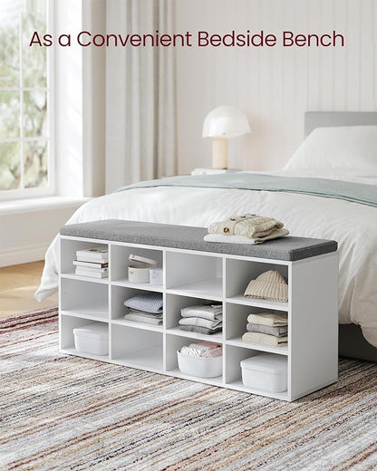 VASAGLE CUSTOS Collection - Shoe Bench, Storage Bench with Padded Seat, Entryway Bench with 12 Compartments, for Bedroom, 11.9 x 40.9 x 18.9 Inches, Cloud White and Slate Gray ULHS012W14