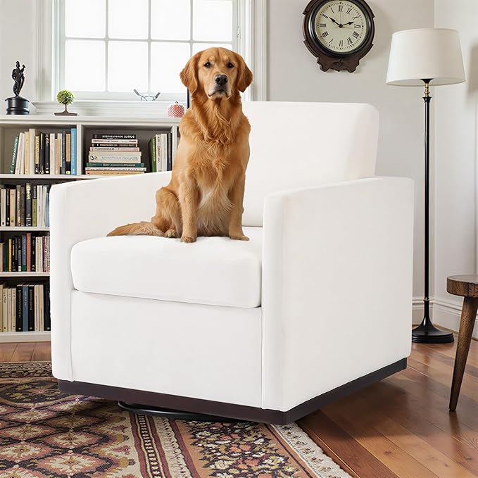 Pia Ricco Plush Swivel Barrel Chair Set of 2 - Mid-Century Modern Accent Armchairs in Soft Chenille for Living Room & Cozy Reading Nook, Beige